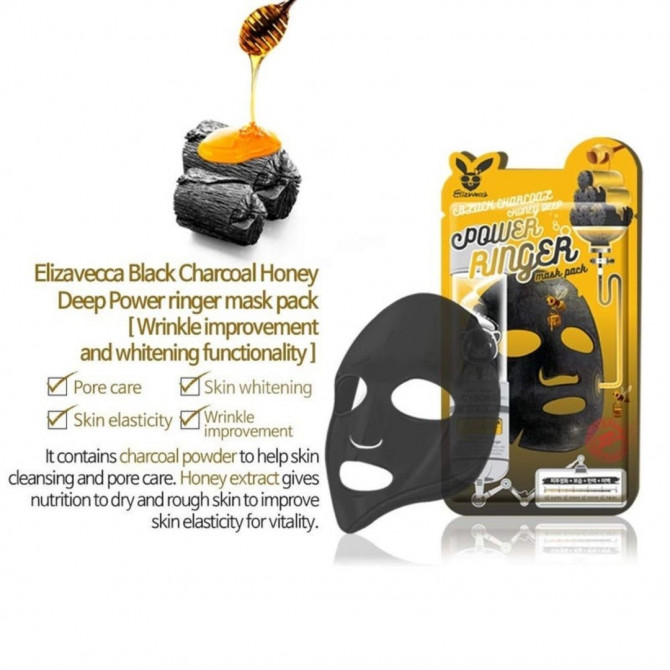 Тканинна маска для обличчя з деревним вугіллям очищуюча Elizavecca Black Charcoal Honey Deep Power Reinger Mask купити в Україні 3
