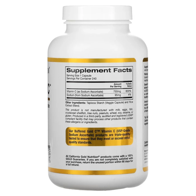 Буферизованный витамин C California Gold Nutrition Buffered Gold C 750 мг 240 растительных капсул купить в Украине 2
