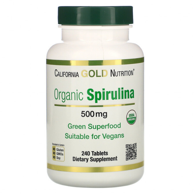 Органічна спіруліна 500 мг California Gold Nutrition Organic Spirulina 240 таблеток купити в Україні