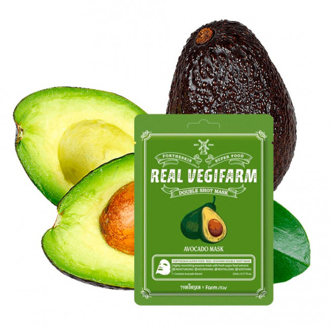Поживна тканинна маска для обличчя з авокадо Fortheskin Super Food Real Vegifarm Double Shot Mask Avocado купити в Україні 2