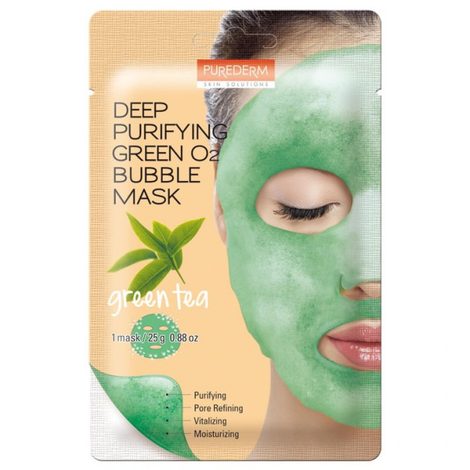 Очищающая пузырьковая маска с зеленым чаем, PUREDERM, Deep Purifying Green O2 Bubble Mask Green Tea купить в Украине Очищающая пузырьковая маска с зеленым чаем, PUREDERM, Deep Purifying Green O2 Bubble Mask Green Tea купить в Украине