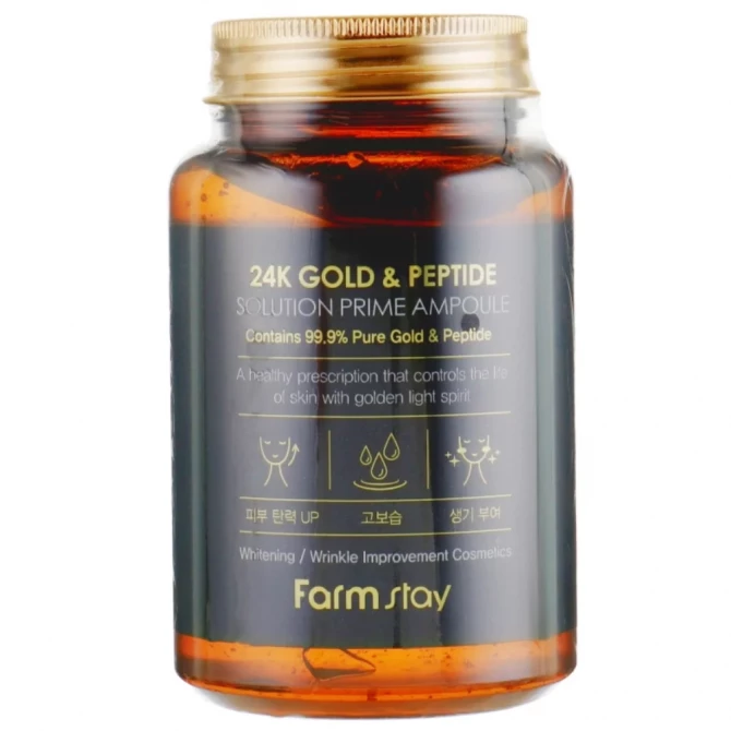 Антивозрастная сыворотка с золотом и пептидами, FarmStay, 24K Gold & Peptide Solution Prime Ampoule, 250 мл купить в Украине Антивозрастная сыворотка с золотом и пептидами, FarmStay, 24K Gold & Peptide Solution Prime Ampoule, 250 мл купить в Украине