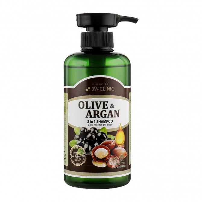 Восстанавливающий шампунь с оливковым и аргановым маслом 3W CLINIC Olive & Argan 2 IN 1 Shampoo 500 мл купить в Украине