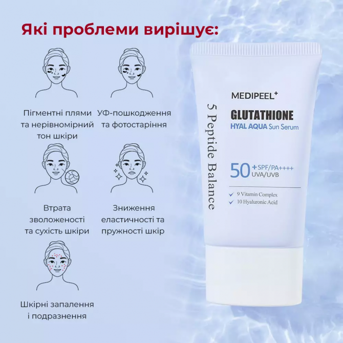 Сонцезахисна сироватка для обличчя з глутатіоном MEDI-PEEL Glutathione Hyal Aqua Sun Serum SPF 50+ 50 мл купити в Україні 5