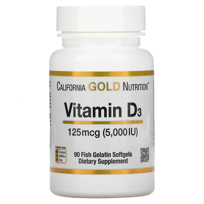 Вітамін D3 California Gold Nutrition Vitamin D3 125 мкг (5000 МО) 90 капсул з риб'ячого желатину купити в Україні
