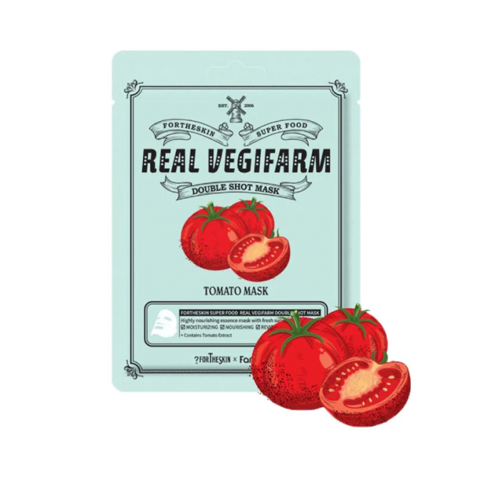 Тканинна маска що освітлює для обличчя з томатом Fortheskin Super Food Real Vegifarm Double Shot Mask Tomato купити в Україні 2