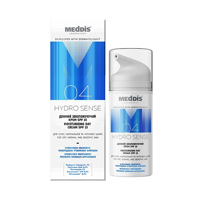Денний зволожуючий крем для сухої та чутливої ​​шкіри SPF15 Meddis Hydrosense Moisturizing Day Cream SPF15 30 мл купити в Україні