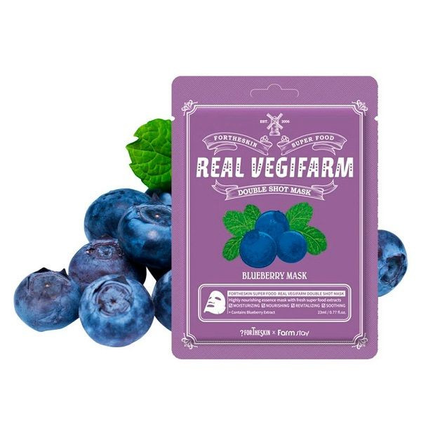 Зволожуюча тканинна маска для обличчя з чорницею Fortheskin Super Food Real Vegifarm Double Shot Mask Blueberry купити в Україні 2