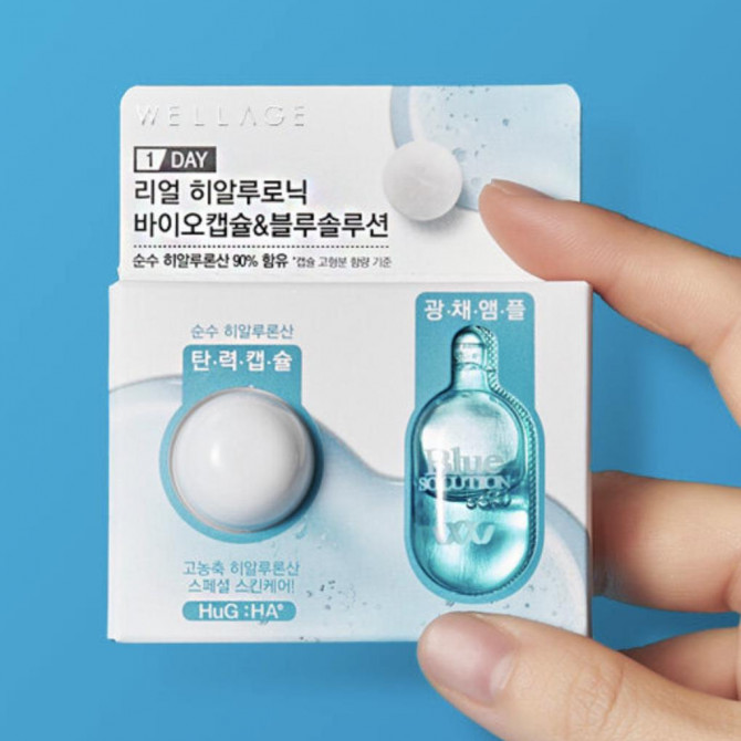 Інтенсивно зволожуюча сироватка з гіалуроновою кислотою Wellage Real Hyaluronic Bio Capsule & Blue Solution One Day Kit купити в Україні 4
