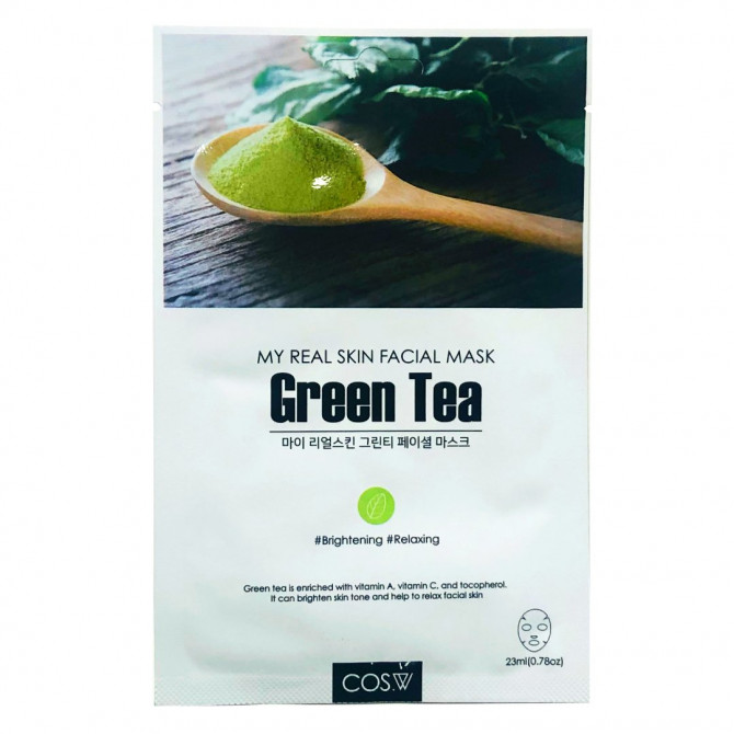 Тканевая маска с зеленым чаем, COS.W, My Real Skin Green Tea Facial Mask купить в Украине Тканевая маска с зеленым чаем, COS.W, My Real Skin Green Tea Facial Mask купить в Украине