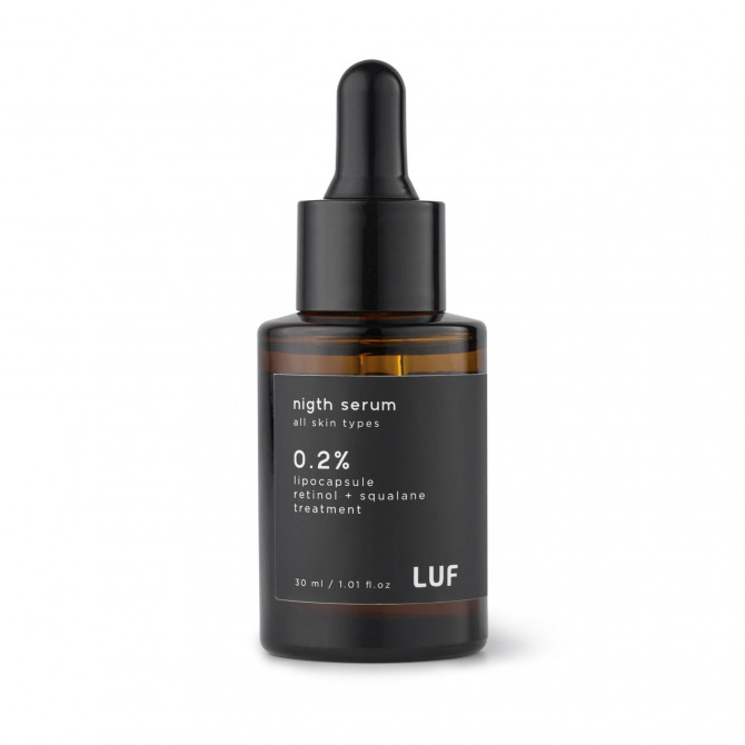 Антивікова сироватка з ретинолом 02% рельєф шкіри що вирівнює LUF Night Serum All Skine Types 02% Lipocapsul Retinol + Squalan Treatment 30 мл купити в Україні