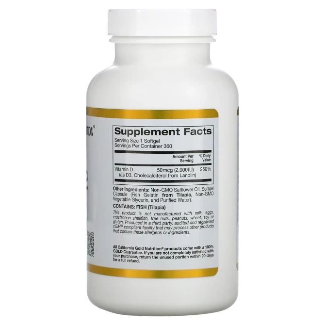 Вітамін D3 California Gold Nutrition Vitamin D3 50 мкг (2000 МО) 360 капсул з риб'ячого желатину купити в Україні 2