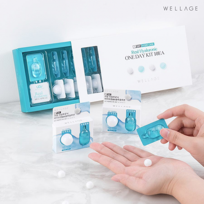 Інтенсивно зволожуюча сироватка з гіалуроновою кислотою Wellage Real Hyaluronic Bio Capsule & Blue Solution One Day Kit купити в Україні 2