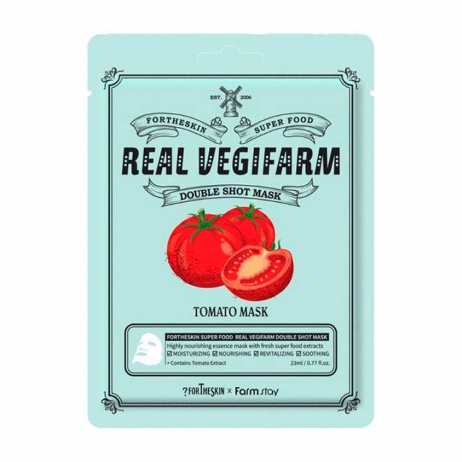 Тканинна маска що освітлює для обличчя з томатом Fortheskin Super Food Real Vegifarm Double Shot Mask Tomato купити в Україні
