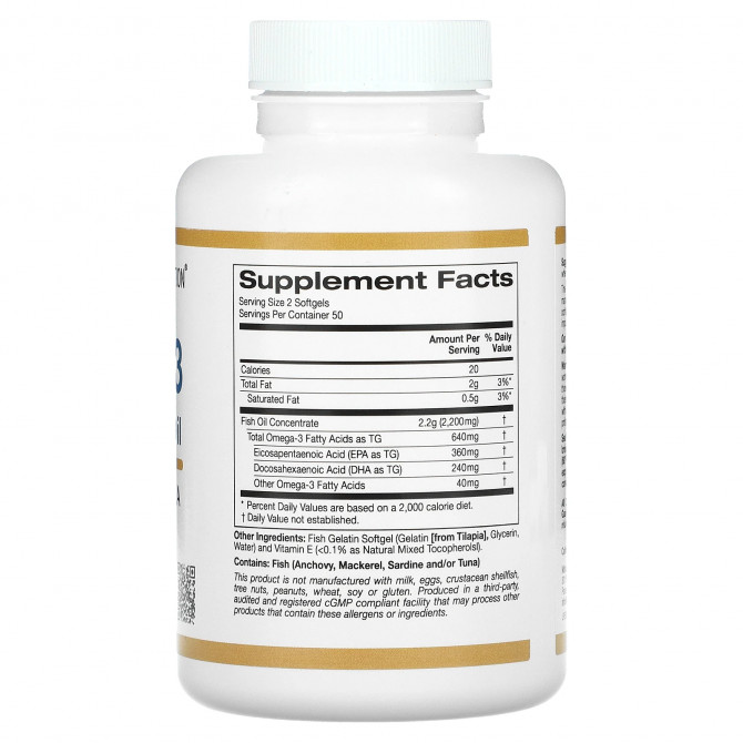 Омега-3 Рыбий жир California Gold Nutrition Premium Fish Oil 180 мг EHA/120 мг  100 капсул из рыбьего желатина купить в Украине 2