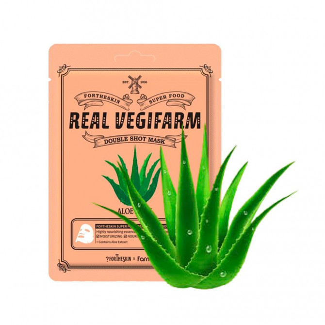Успокаивающая тканевая маска для лица с алоэ Fortheskin Super Food Real Vegifarm Double Shot Mask Aloe купить в Украине 2