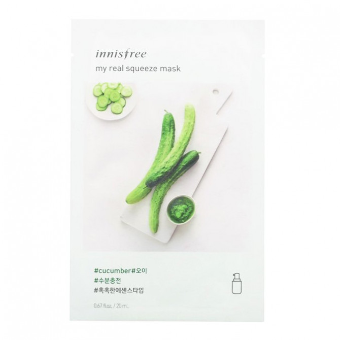 Тканевая маска для лица с огурцом, восстанавливающая, Innisfree, My Real Squeeze Mask Cucumber купить в Украине Тканевая маска для лица с огурцом, восстанавливающая, Innisfree, My Real Squeeze Mask Cucumber купить в Украине