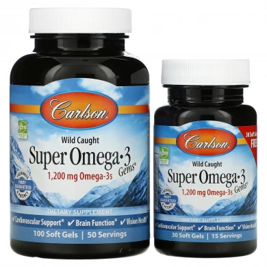 Омега 3 Норвезький риб'ячий жир Carlson Labs Super Omega 3 Wild Caught 600 мг ЕПК/400 мг ДГК 100+30 капсул купити в Україні