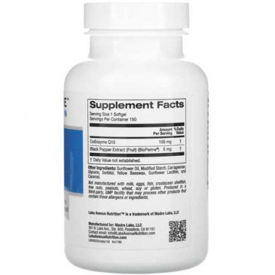Коэнзим Q10 с биоперином Lake Avenue Nutrition CoQ10 Plus BioPerine 100 мг 150 растительных капсул купить в Украине 2