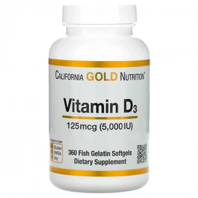 Витамин D3 California Gold Nutrition Vitamin D3 125 мкг (5000 МЕ) 360 капсул из рыбьего желатина купить в Украине
