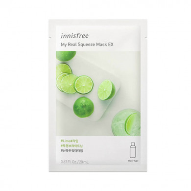Тканевая маска для лица с лаймом, осветляющая, Innisfree, My Real Squeeze Mask Lime купить в Украине Тканевая маска для лица с лаймом, осветляющая, Innisfree, My Real Squeeze Mask Lime купить в Украине