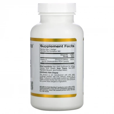 Вітамін D3 California Gold Nutrition Vitamin D3 50 мкг (2000 МО) 360 капсул з риб'ячого желатину купити в Україні 2